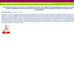 Liens tbles lecture et tbles vision et regard outil de dépistage des troubles de la motricité oculaire conjuguée et de la vision binoculaire pour les enfants ayant des troubles de la lecture, à destination des ortho