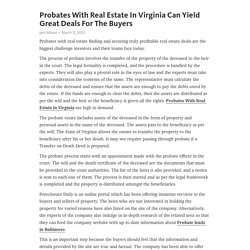 Probates With Real Estate In Virginia Can Yield Great Deals For The Buyers